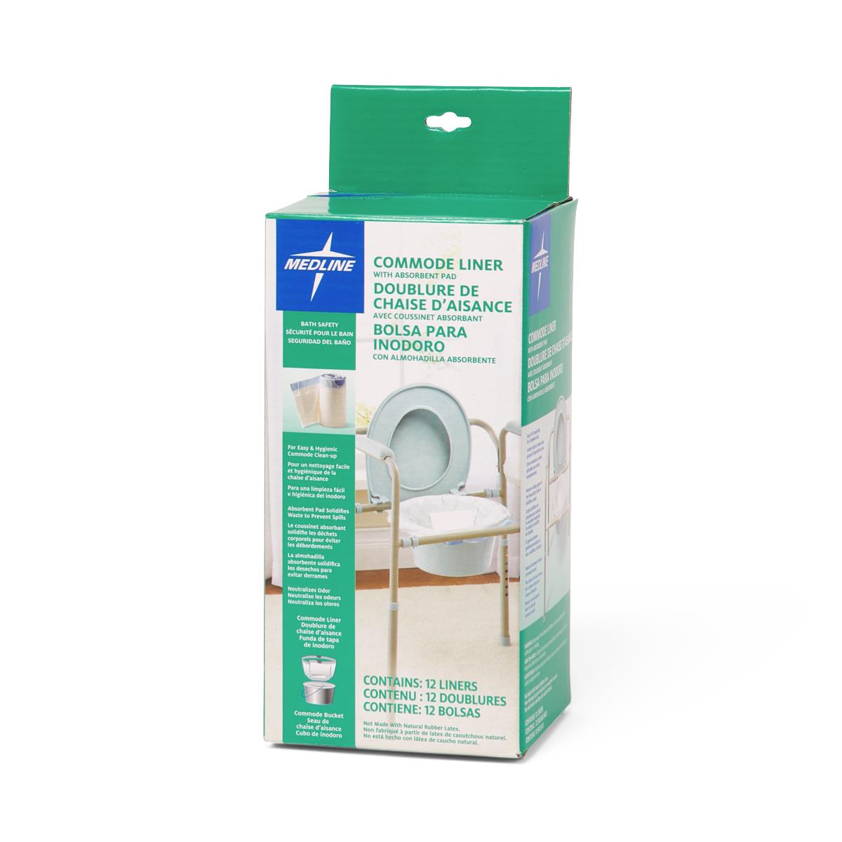 Commode liner with absorbent pad in green and white retail box containing 12 liners, shown with product imagery on packaging