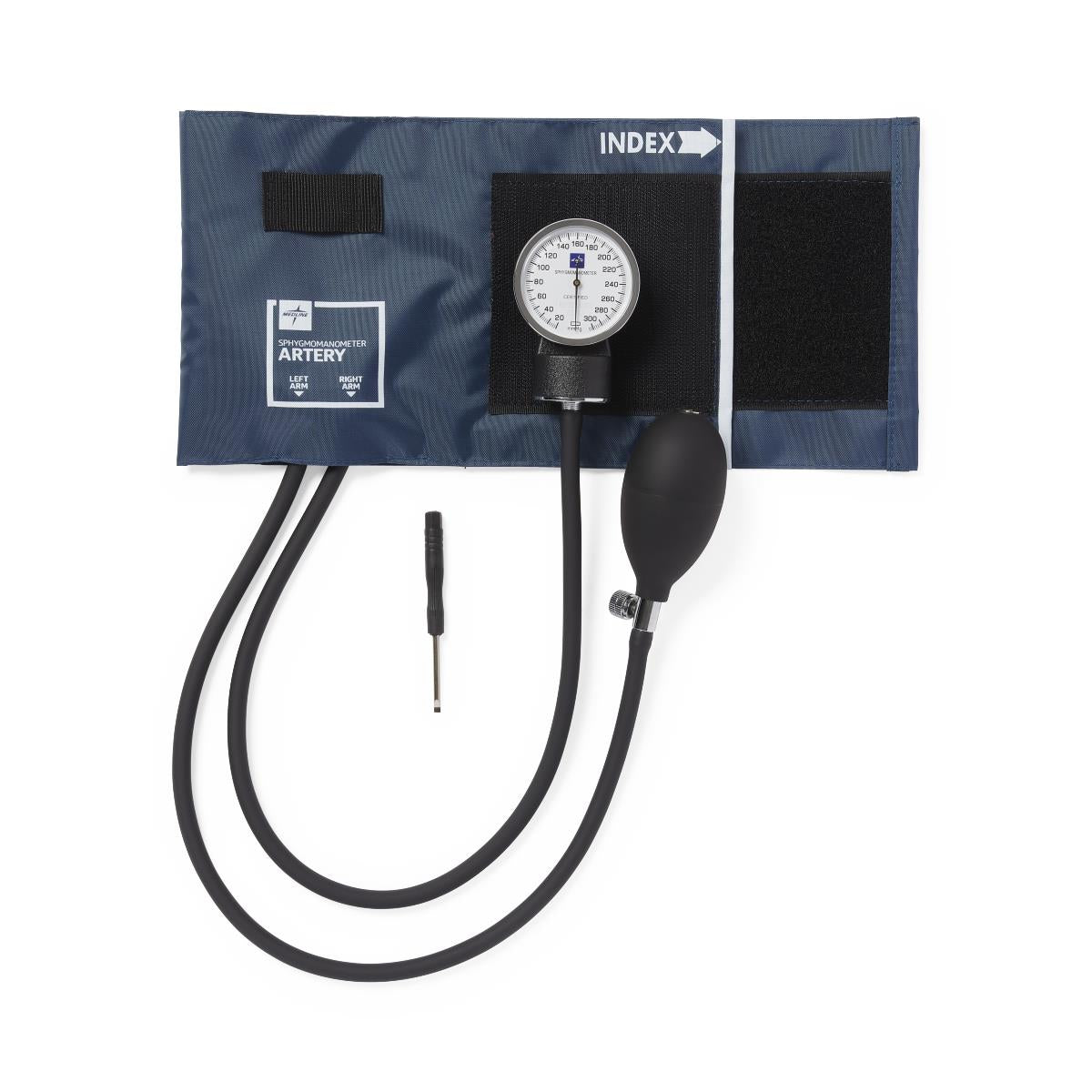 Aneroid sphygmomanometer with navy blue nylon cuff, round gauge, black inflation bulb, and small screwdriver tool on white