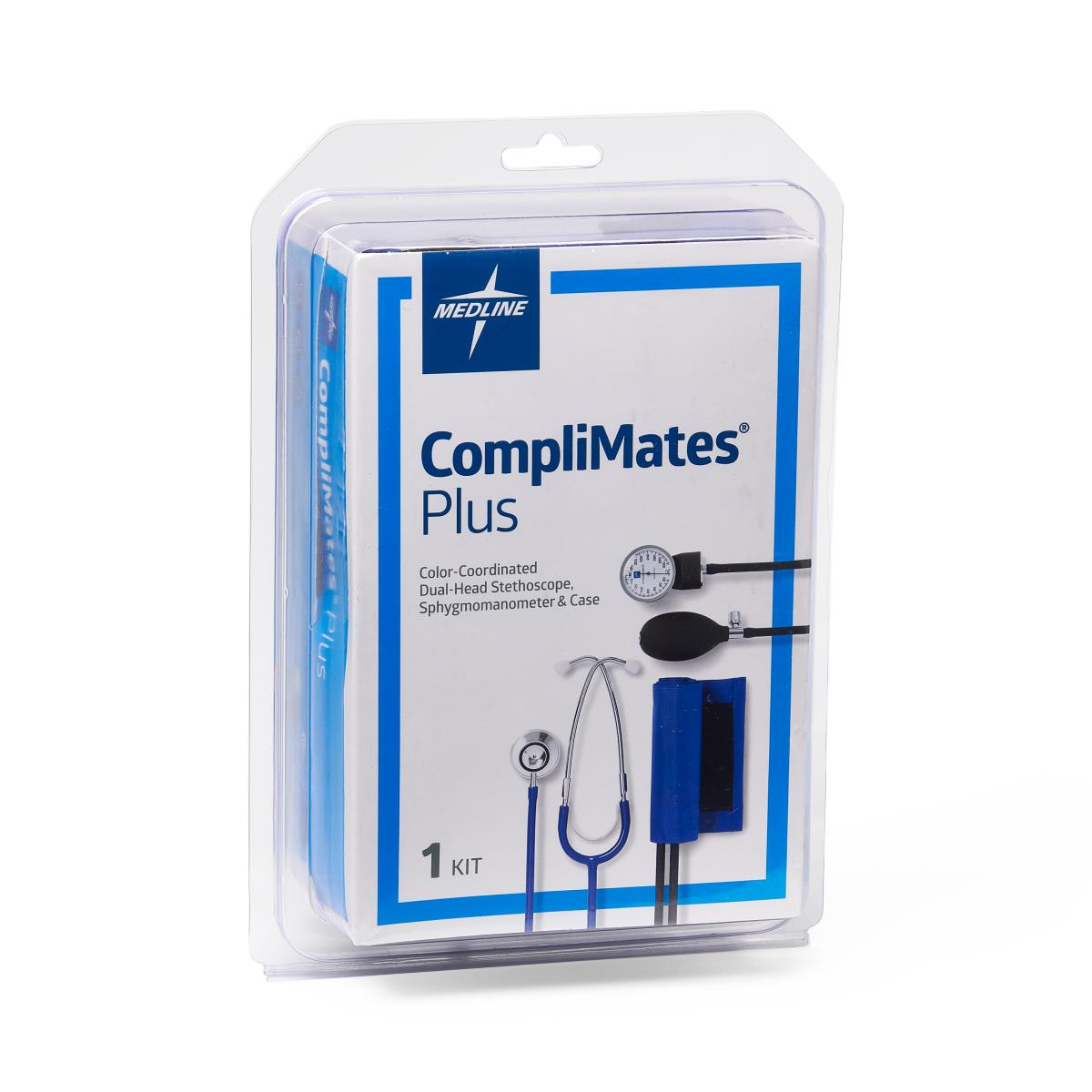 Aneroid blood pressure monitor and stethoscope kit in blue retail clamshell packaging by Medline CompliMates Plus