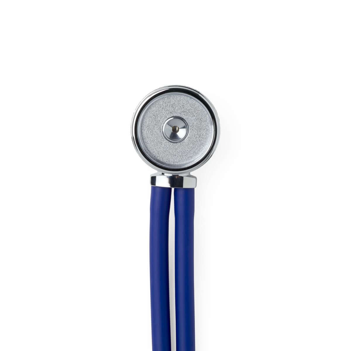 Stethoscope chest piece with silver diaphragm and chrome rim connected to navy blue dual tubing
