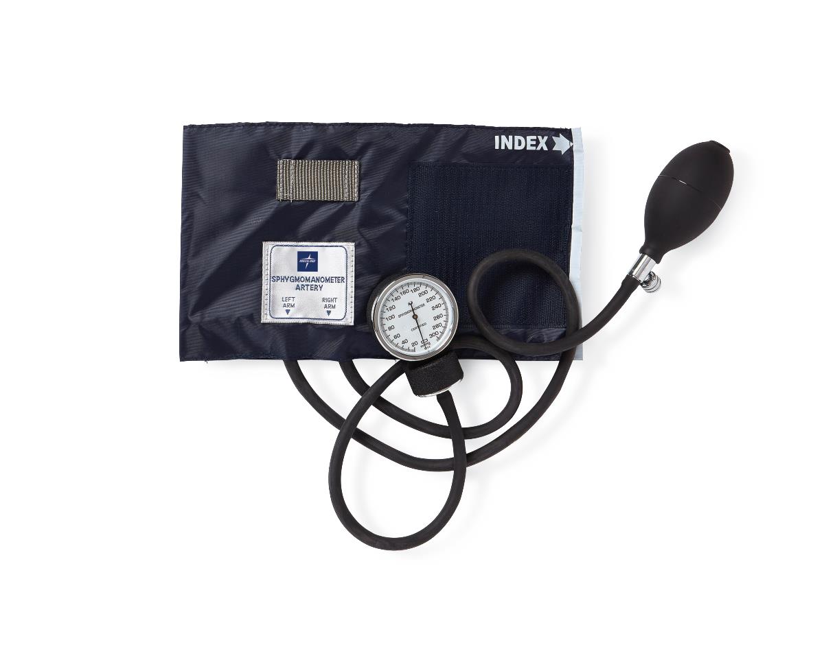 Aneroid blood pressure monitor with navy blue adult cuff, round gauge, black inflation bulb, and tubing on white background