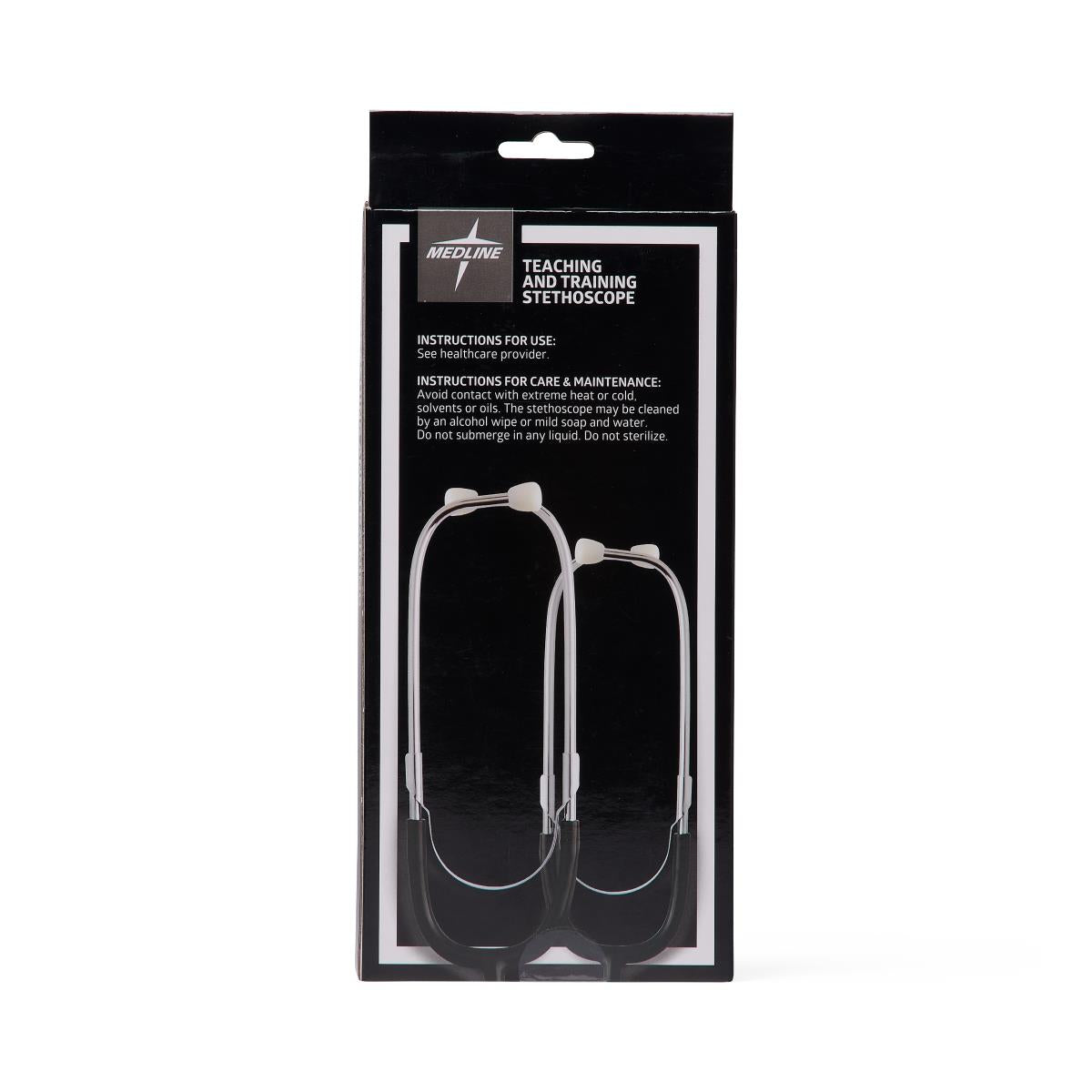 Teaching and training stethoscope in black retail box showing dual earpiece headset visible through packaging window