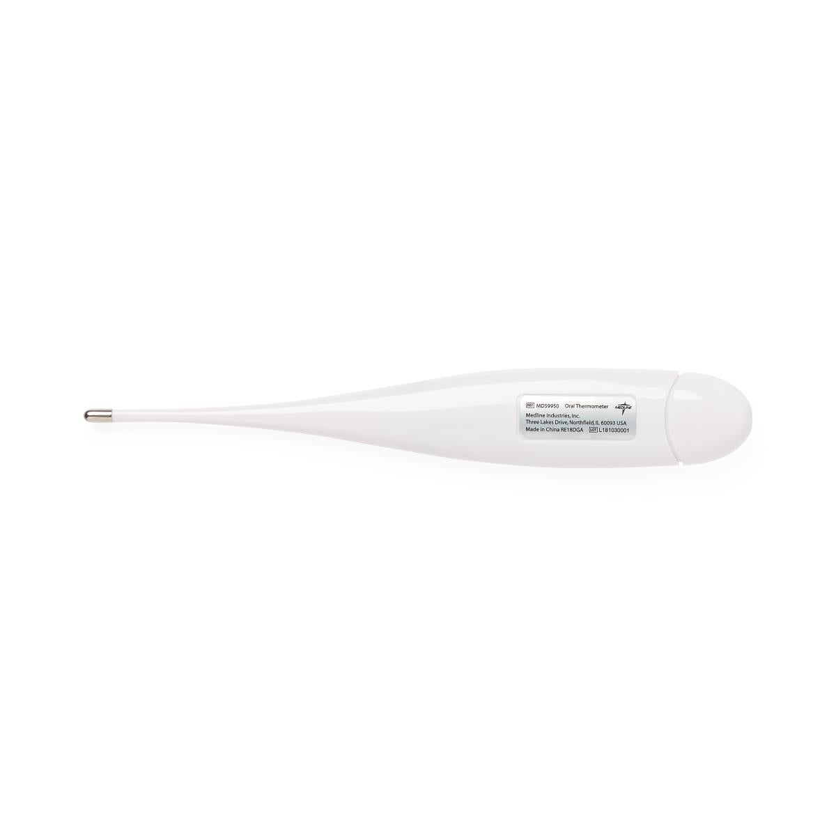 Digital oral thermometer with slim white body, narrow probe tip, and label on reverse, shown on white background