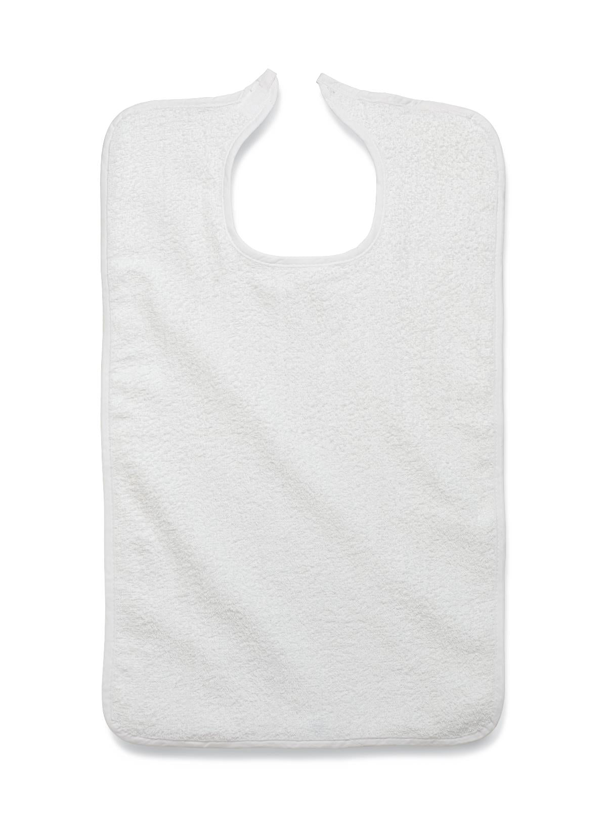 Terry cloth adult clothing protector bib in white with rounded neckline opening, laid flat on white background