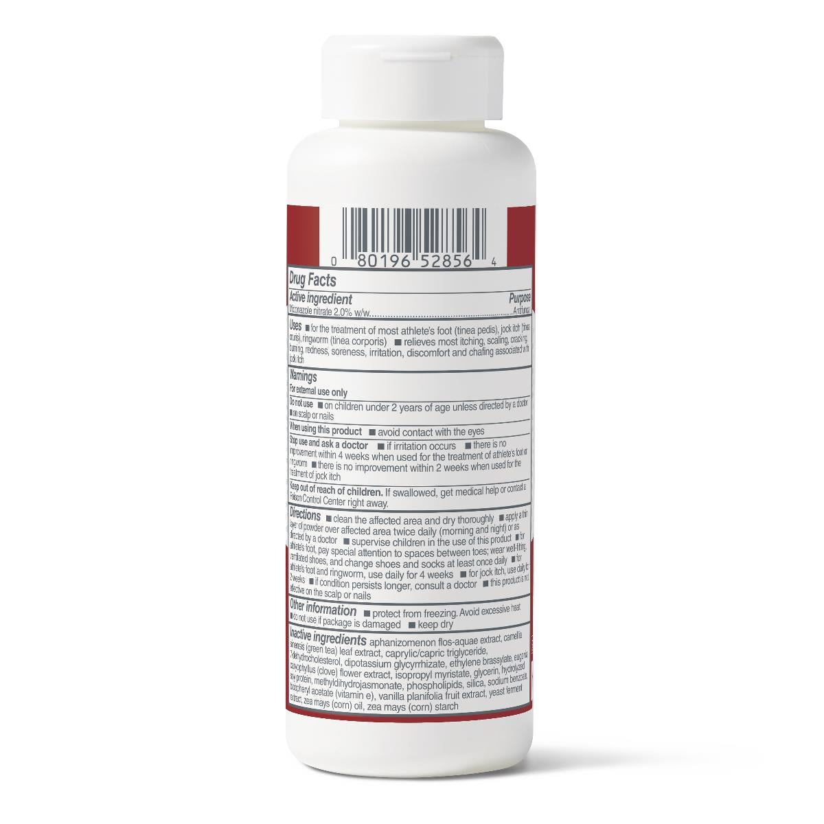 Antifungal powder bottle showing Drug Facts label with miconazole nitrate 2% active ingredient and usage directions