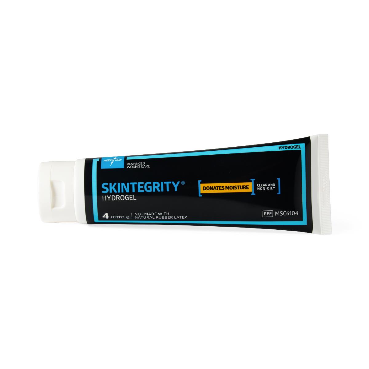 Hydrogel wound care tube with black and teal label, white flip-top cap, 4 oz squeeze tube
