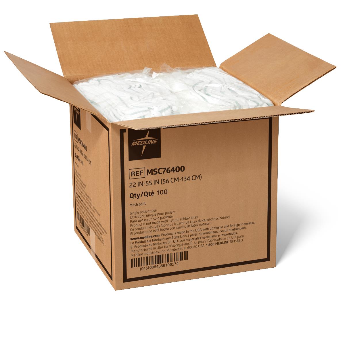 Mesh pants in an open cardboard box of 100, labeled with size range and product reference number