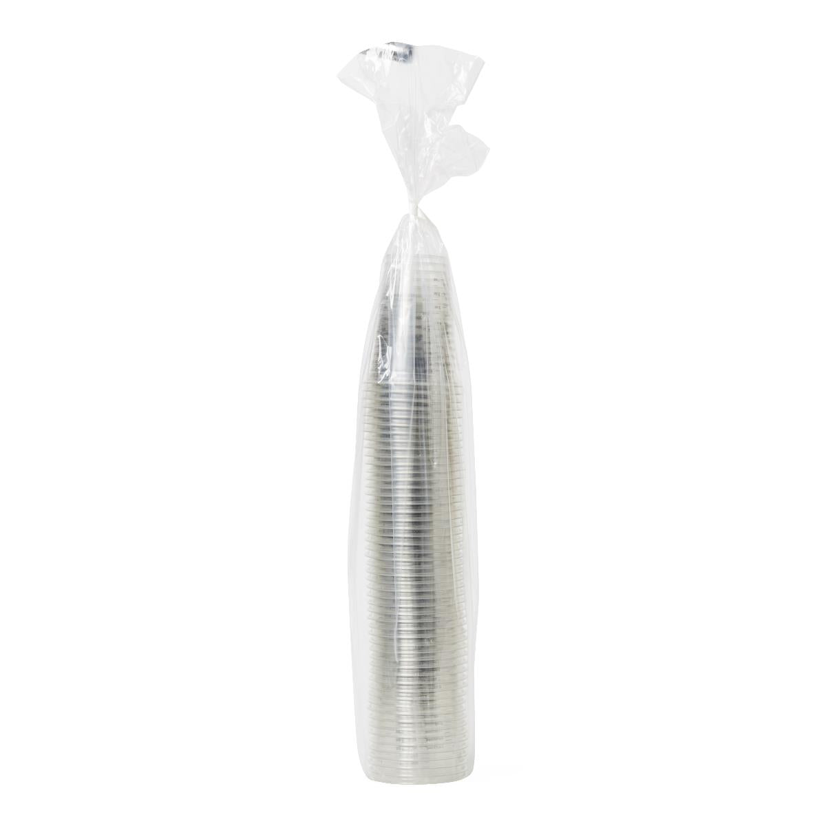 Graduated plastic cups stacked and packaged in a clear poly bag, showing a tall column of nested transparent cups