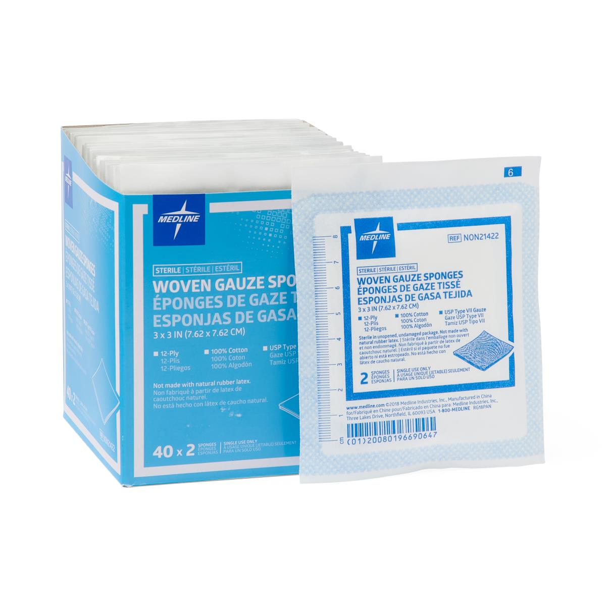 Sterile woven gauze sponges box with individual sealed packets displayed beside blue and white packaging