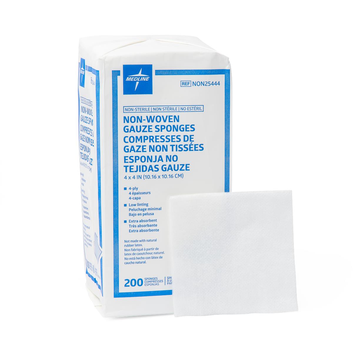 Non-woven gauze sponges package of 200 with a single white 4x4 inch pad displayed in front on white background