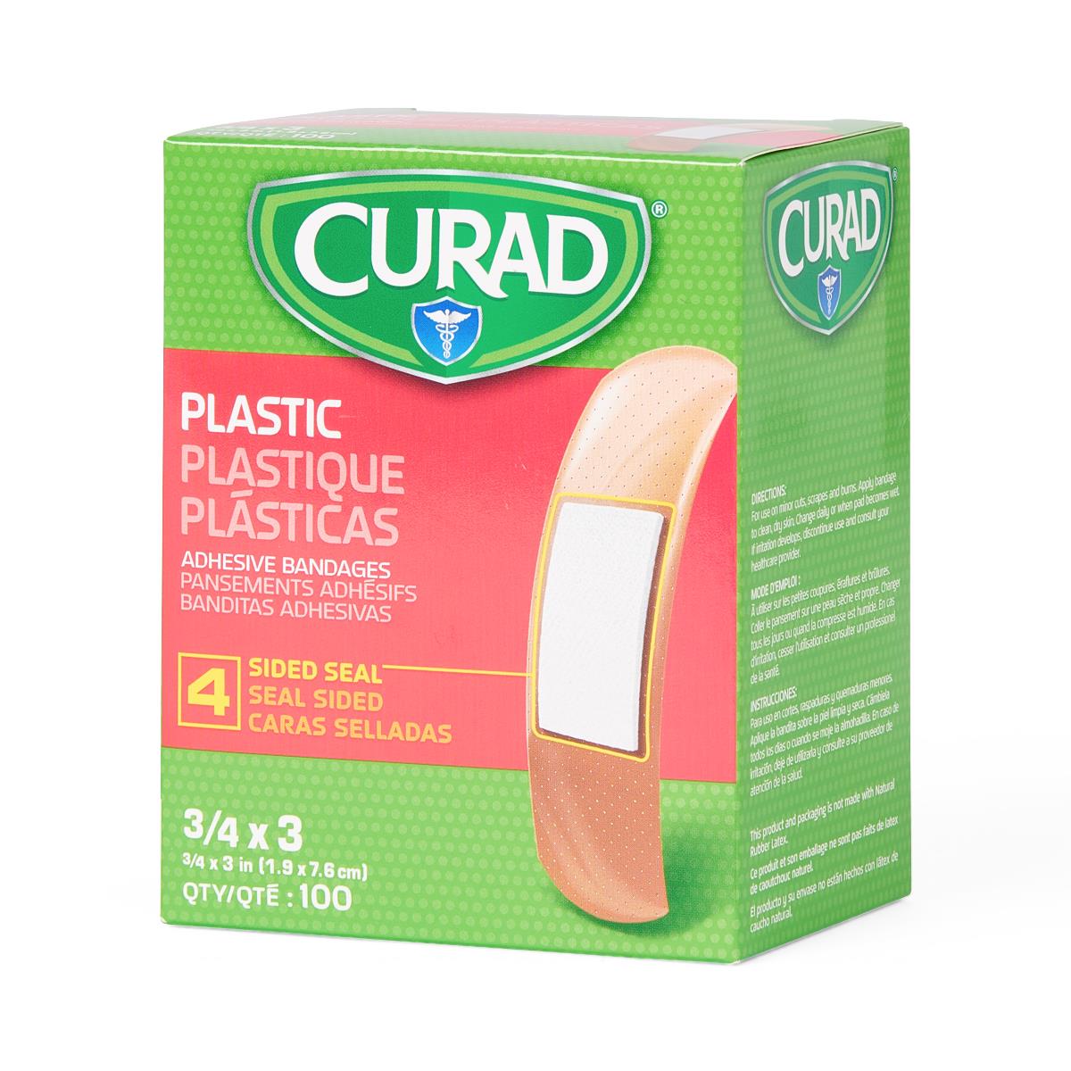 Curad plastic adhesive bandages 100-count box in green and red packaging with bandage illustration
