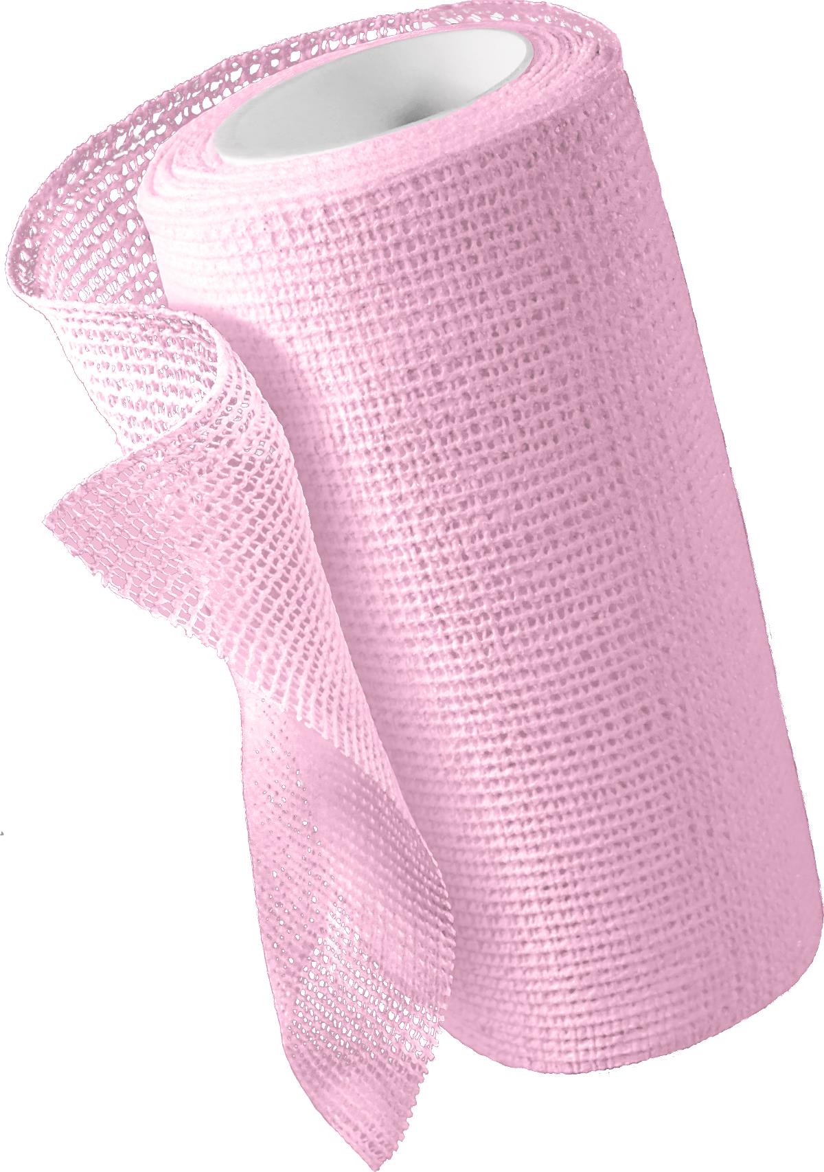 Unna boot bandage roll in pink with open-weave mesh texture, partially unrolled to show material on white background