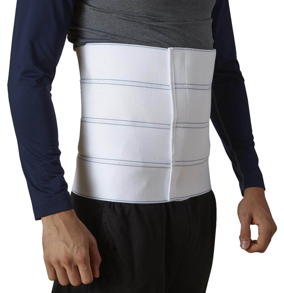 Abdominal binder with four panels worn around a man's midsection, white elastic with stitched channels and front closure