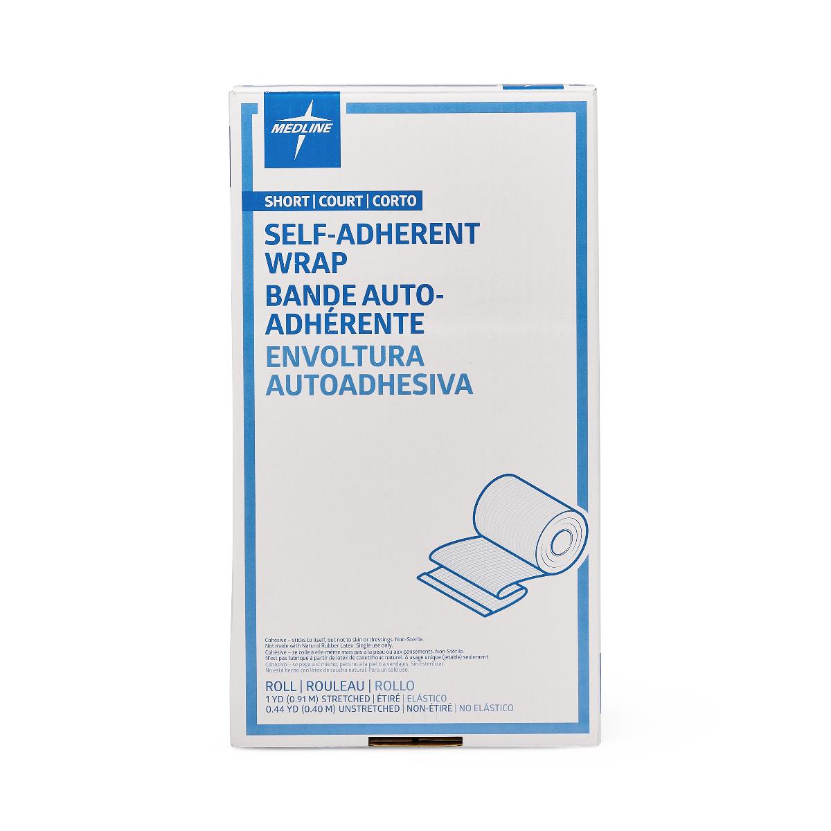 Medline self-adherent wrap bandage roll in white and blue retail box, short stretch, single roll