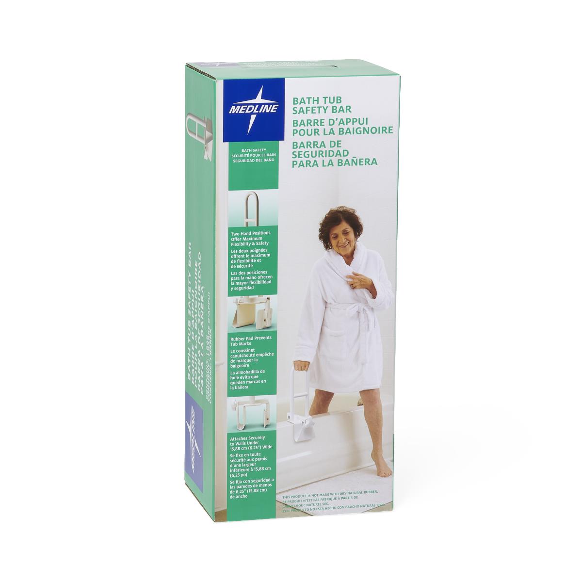 Tub grab bar in green and white Medline packaging showing a woman in a robe stepping out of a bathtub while holding the bar
