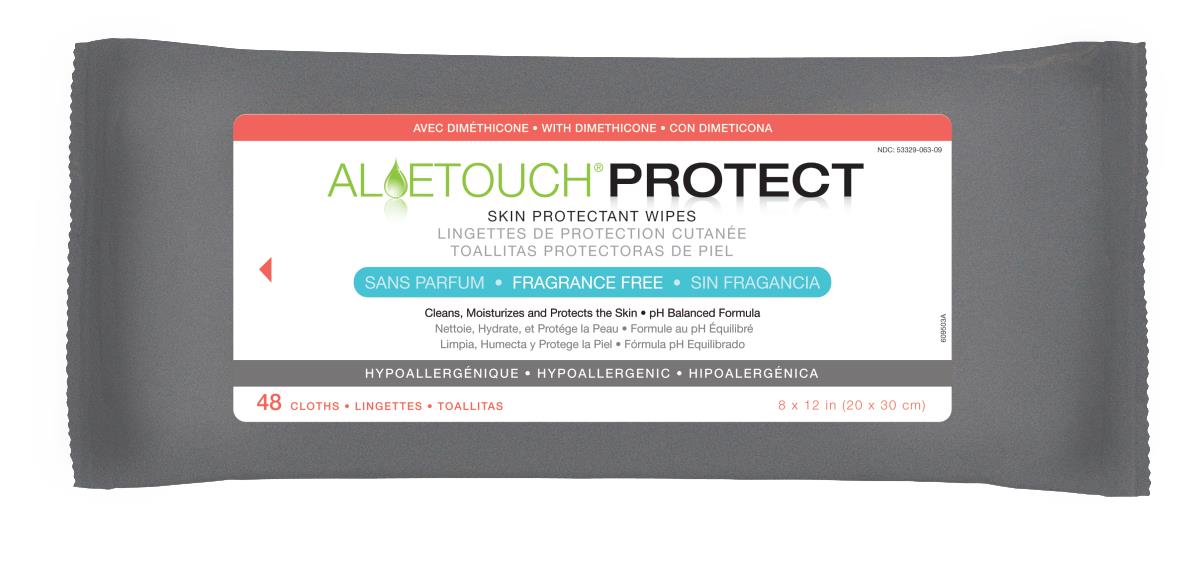 AloeTouch PROTECT skin protectant wipes package, gray soft pack containing 48 fragrance-free hypoallergenic cloths