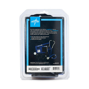 Stethoscope and blood pressure cuff combination kit in retail packaging, back view with product details and barcodes