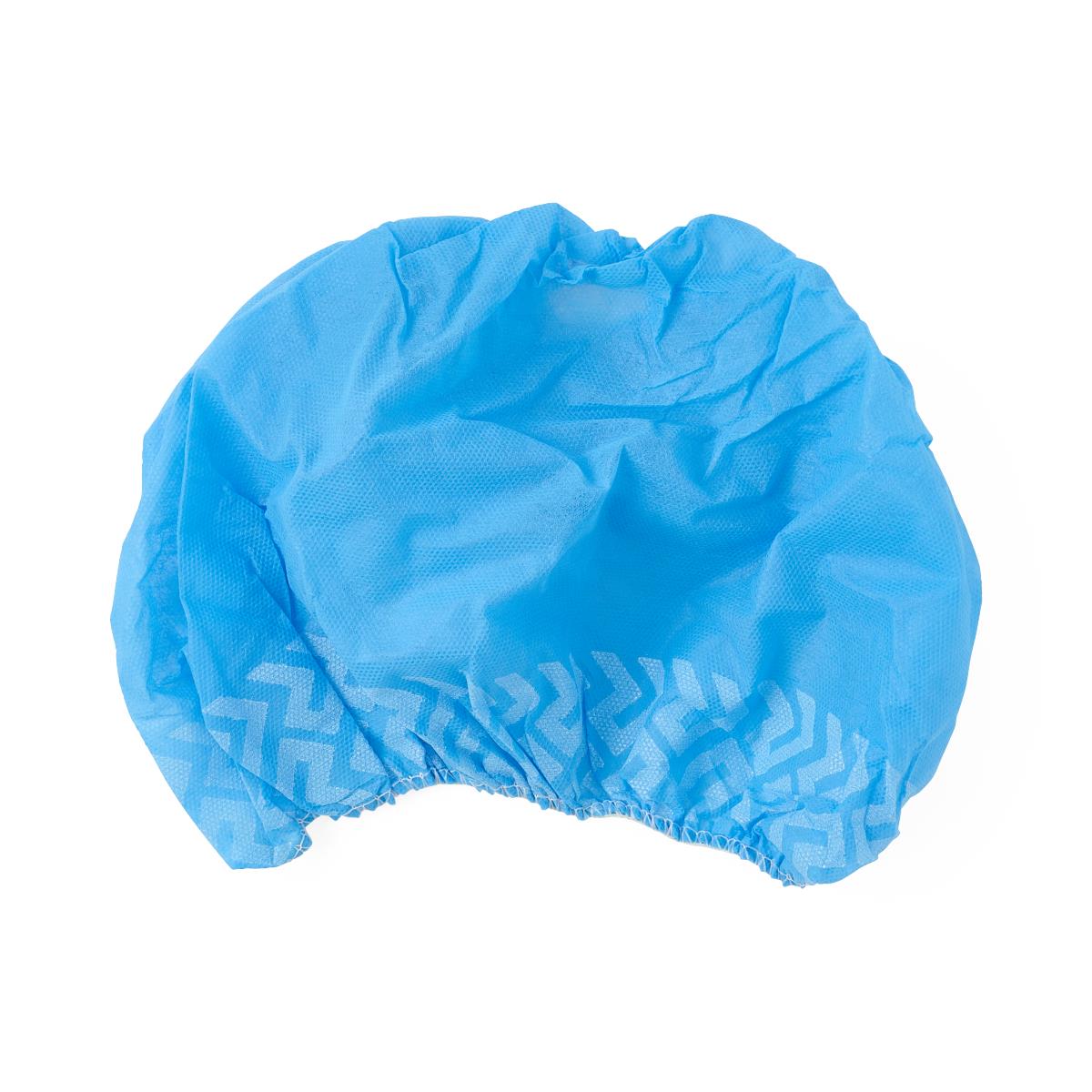 Disposable blue nonwoven polypropylene shoe cover with elastic opening and nonskid chevron pattern on sole