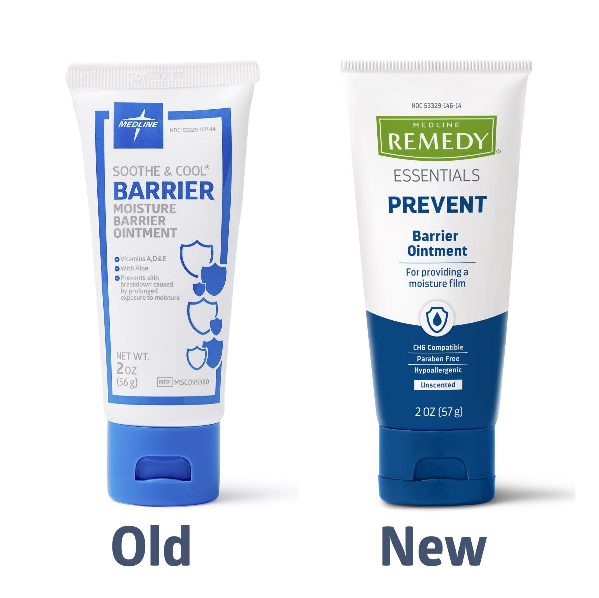 Moisture barrier ointment tubes showing old Soothe & Cool packaging beside new Remedy Essentials Prevent packaging, both 2 oz