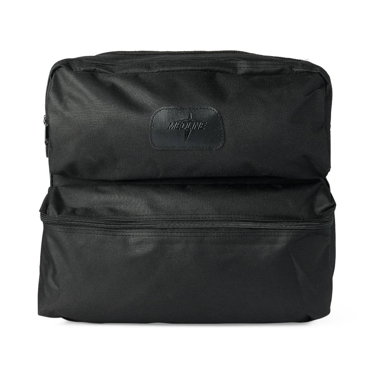 Nurse bag in black nylon with two zippered compartments and a Medline logo patch on the front