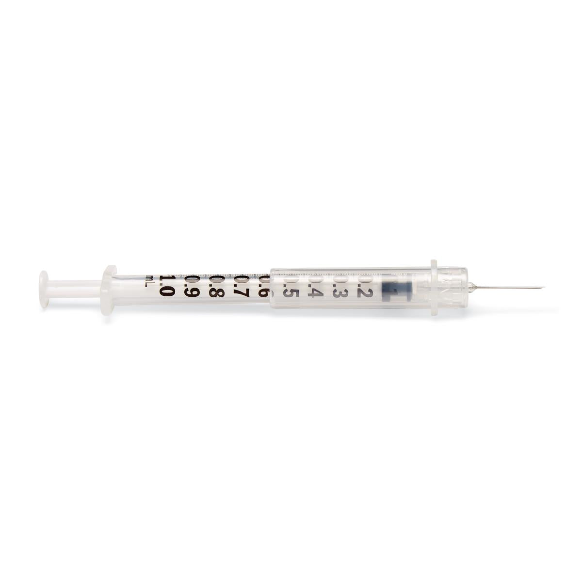 Syringe with attached needle, clear barrel with mL measurement markings from 0.1 to 1.0, white plunger, on white background