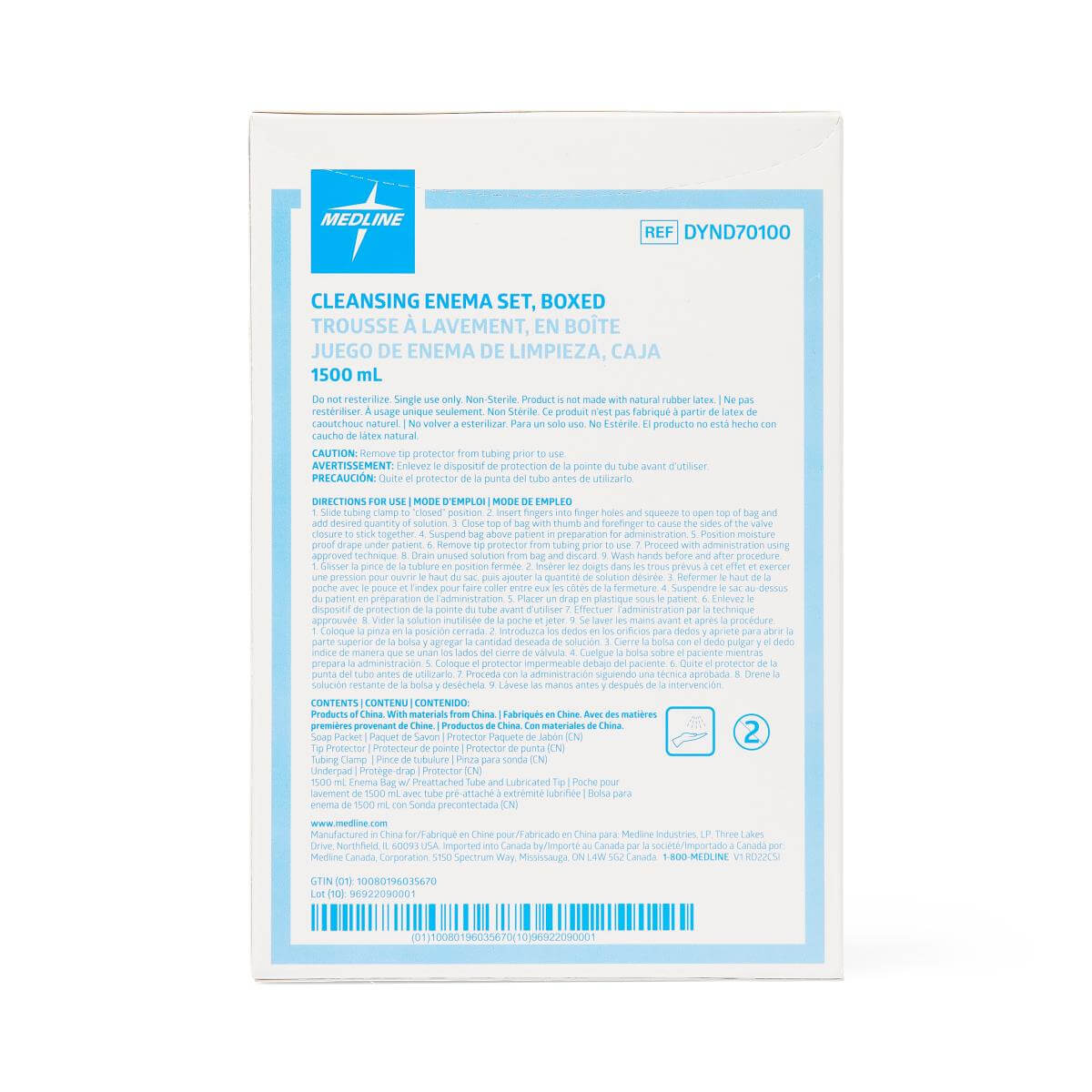Cleansing enema set box showing multilingual instructions, contents list, and product details on white background