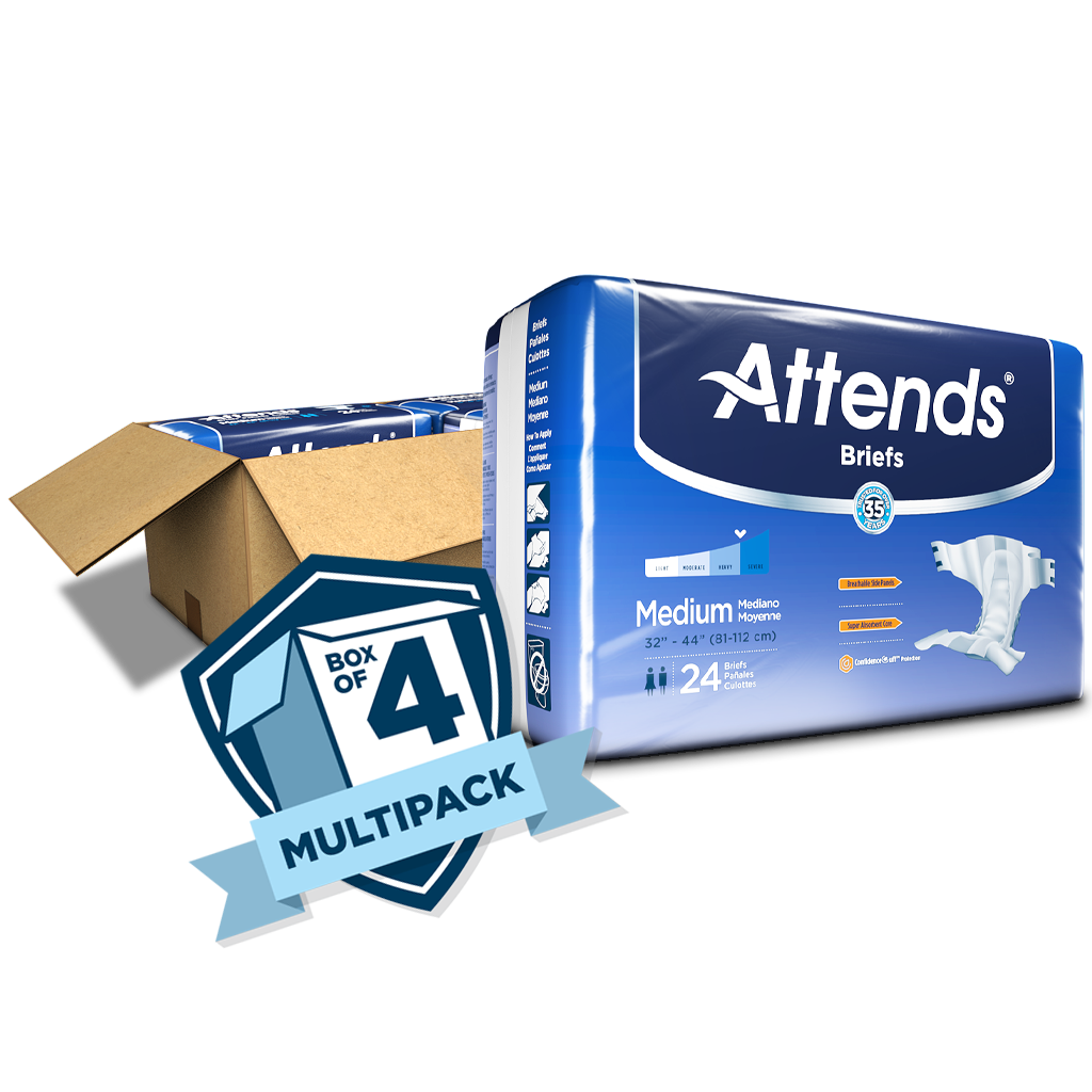 Attends Briefs medium incontinence brief package of 24 shown with open shipping box, multipack box of 4 badge