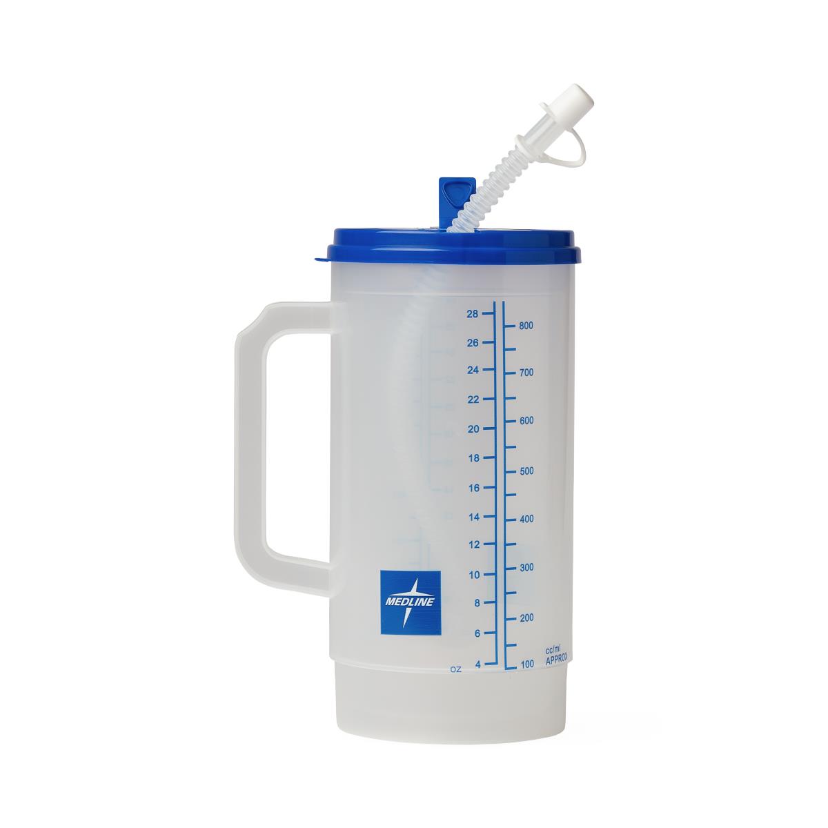 Graduated insulated carafe with blue lid, flexible straw, side handle, and oz/ml measurement markings on translucent body