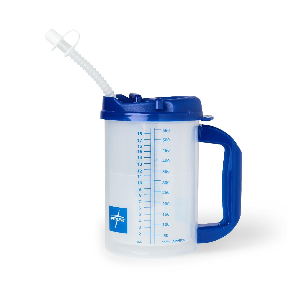 Insulated hospital carafe with blue lid, blue handle, flexible straw, and oz/cc graduation markings on clear body