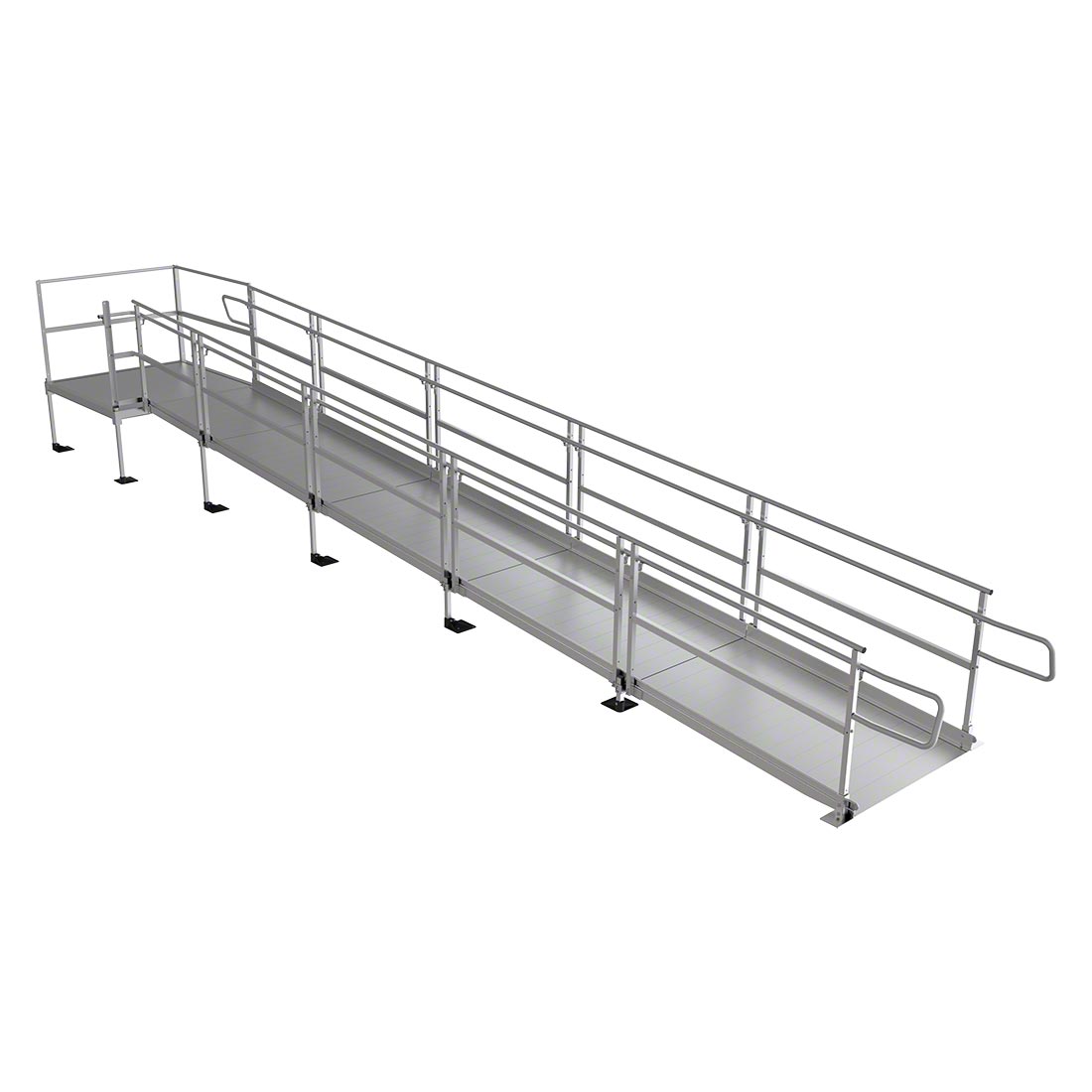 Modular wheelchair ramp system with aluminum decking, dual handrails, and adjustable support legs on white background