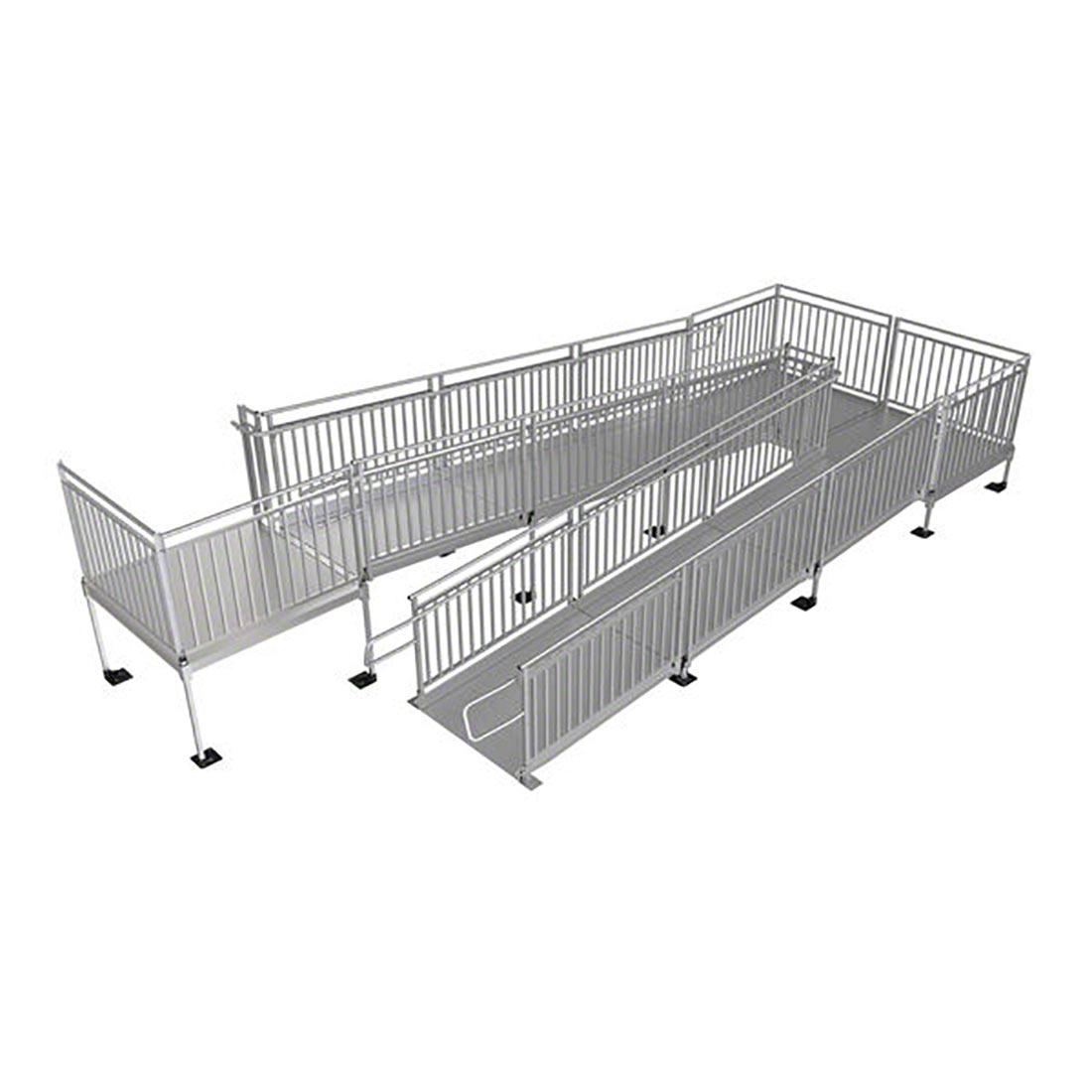 Modular wheelchair ramp system with switchback design, aluminum picket handrails, landing platform, and adjustable support