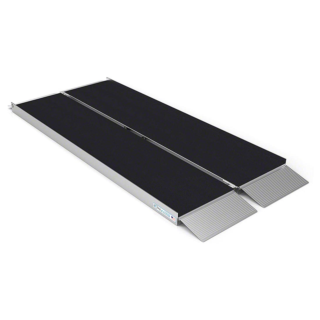 Portable folding wheelchair ramp with black non-slip surface, silver aluminum frame, and ribbed transition plates at one end