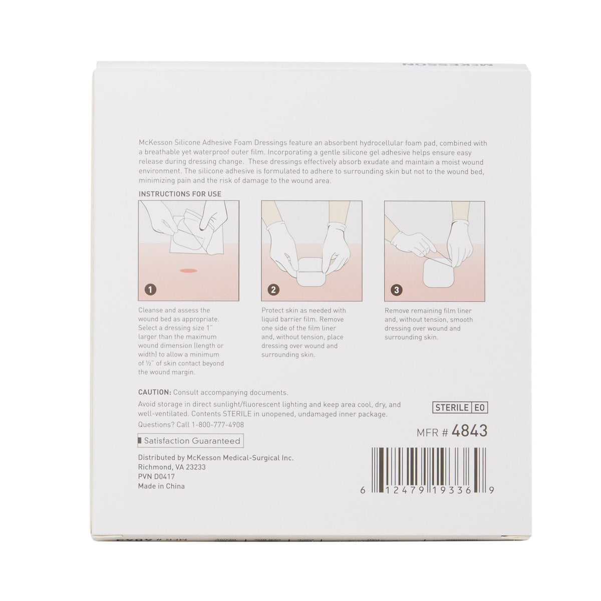 Silicone adhesive foam dressing box back panel showing three-step illustrated instructions for use and product details