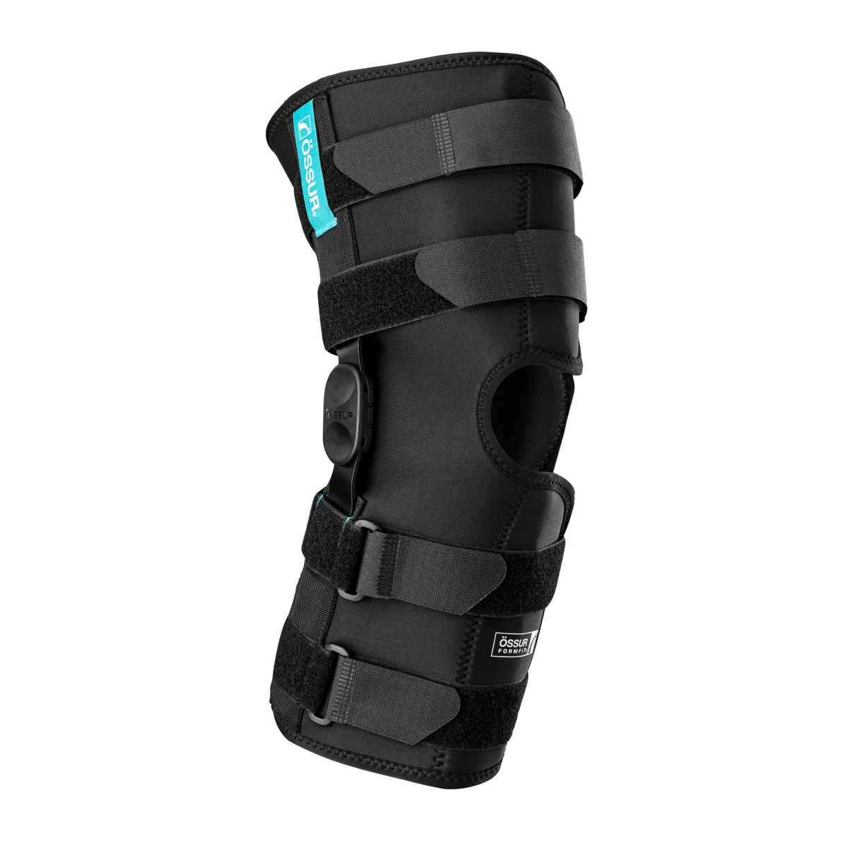 Formfit ROM knee brace in black neoprene with hinged sides, open patella cutout, and multiple hook-and-loop straps with teal