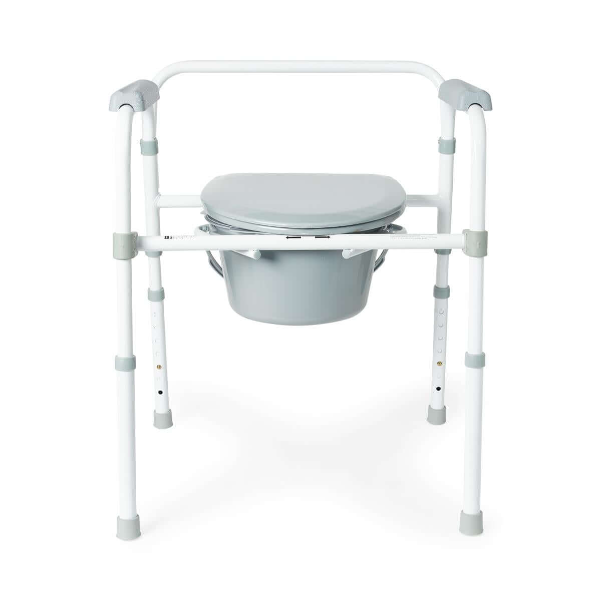 Folding steel 3-in-1 commode with white frame, gray armrests, removable bucket, and lid, shown on white background