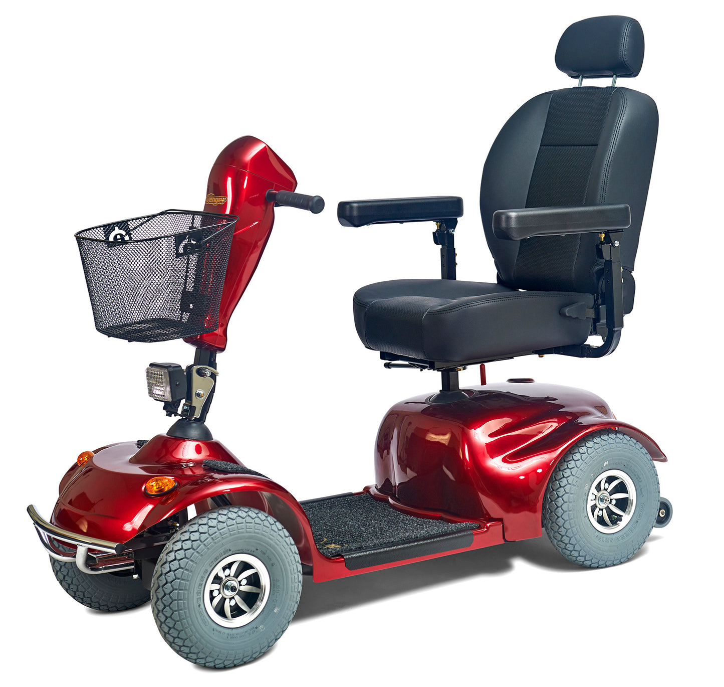 4-wheel mobility scooter in red with black captain's seat, headrest, armrests, front basket, and large pneumatic tires