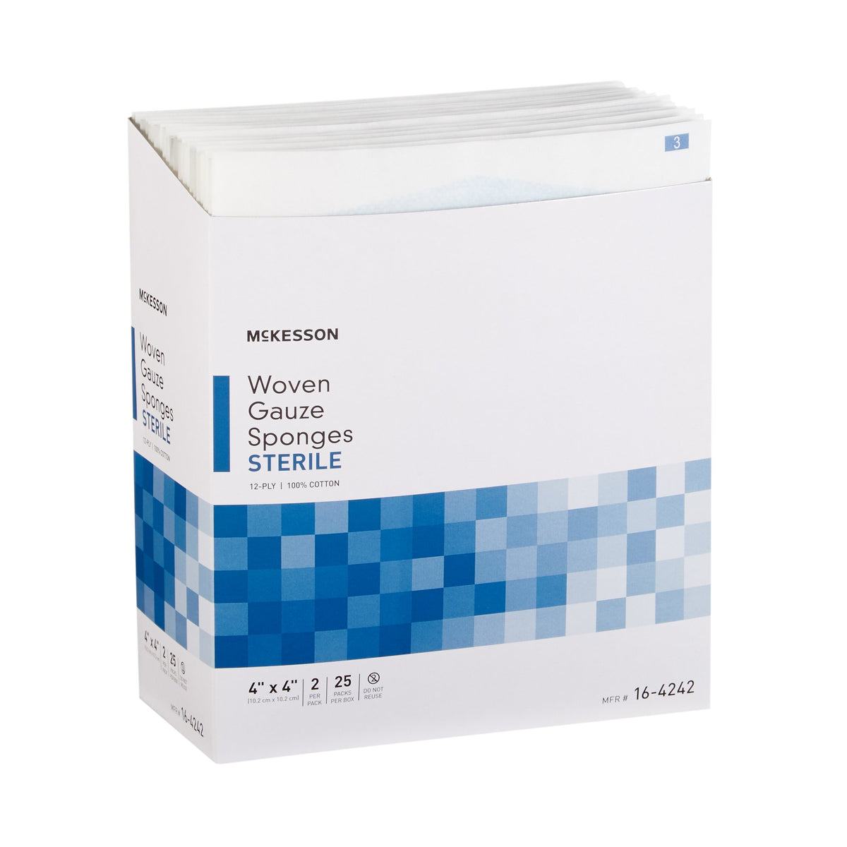 McKesson sterile woven gauze sponges box containing 25 packs, with individual sponge packets visible at top