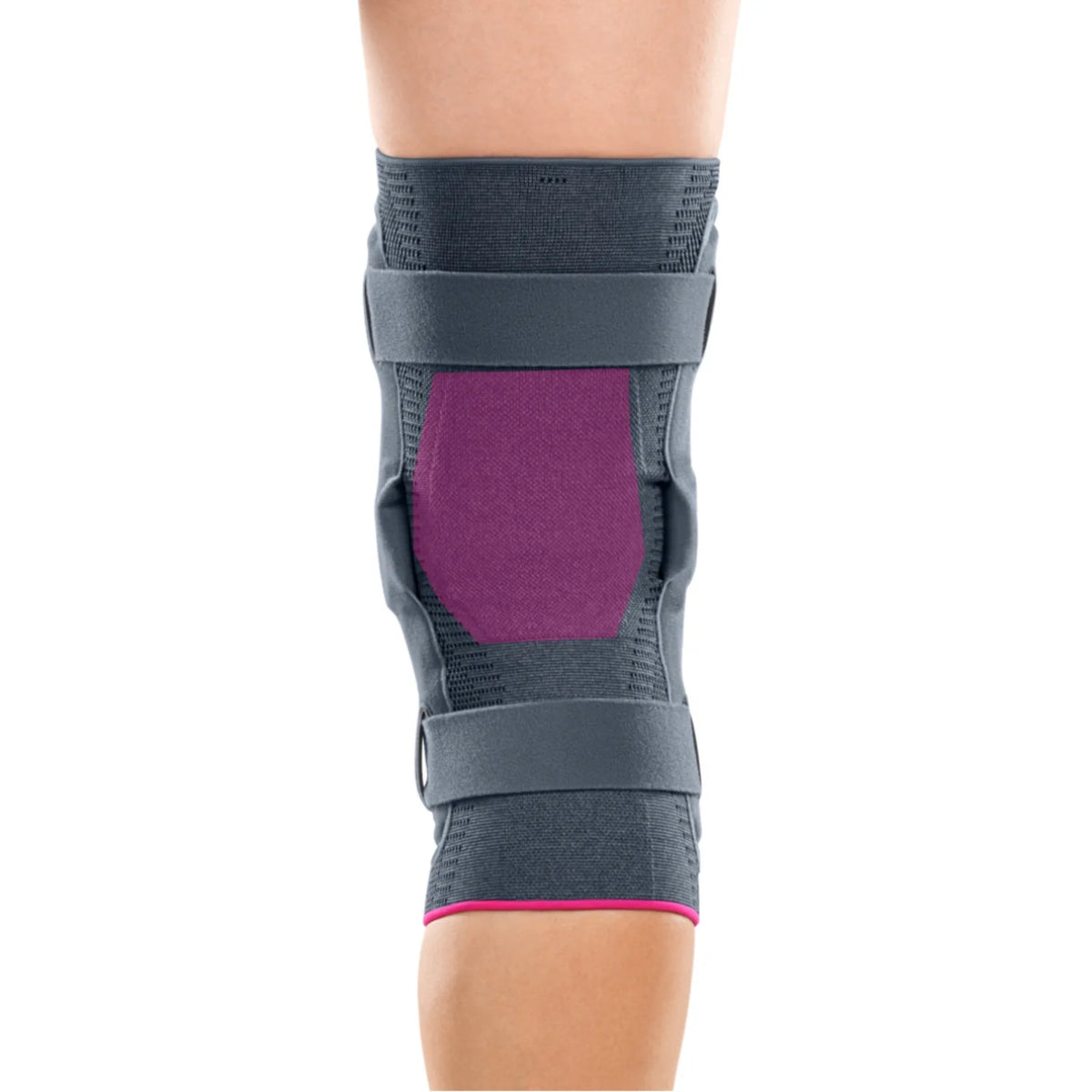 Knee brace in gray with purple kneecap pad and pink trim, worn on a leg, featuring side stabilizers and adjustable straps