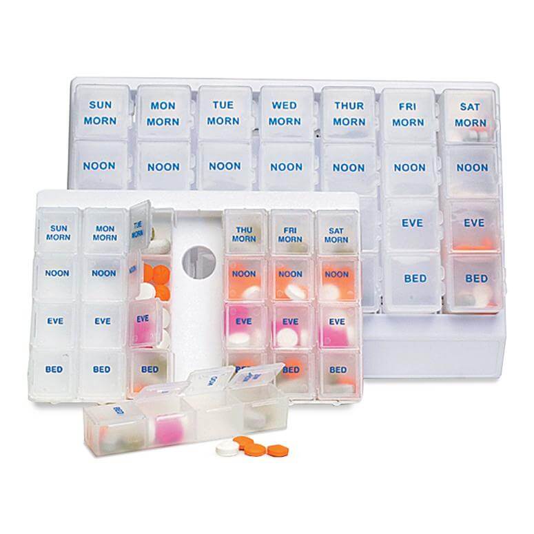 Weekly pill organizer with four daily compartments labeled morning, noon, eve, and bed, shown with removable daily pods and