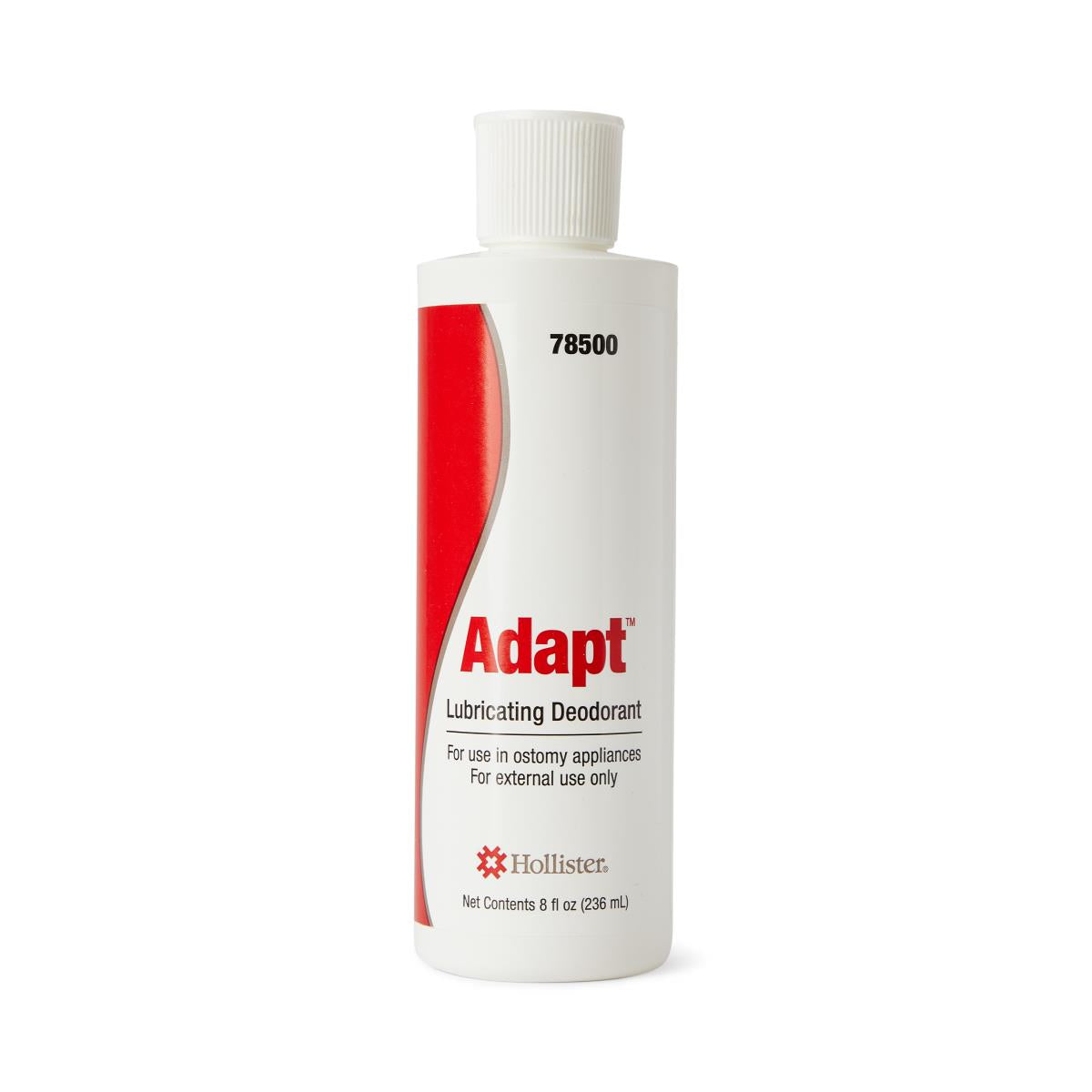 Ostomy lubricating deodorant in white 8 fl oz squeeze bottle with red label and white cap by Hollister