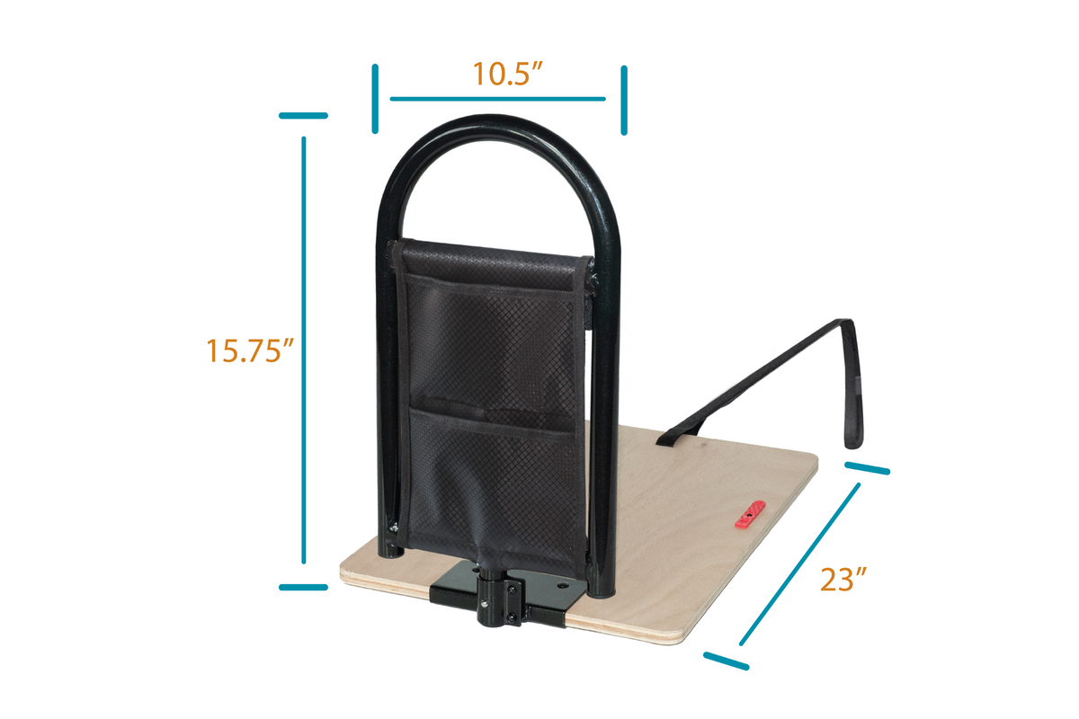 Bed cane with black arched grab handle, mesh pocket, and flat wooden base board, shown with dimension annotations