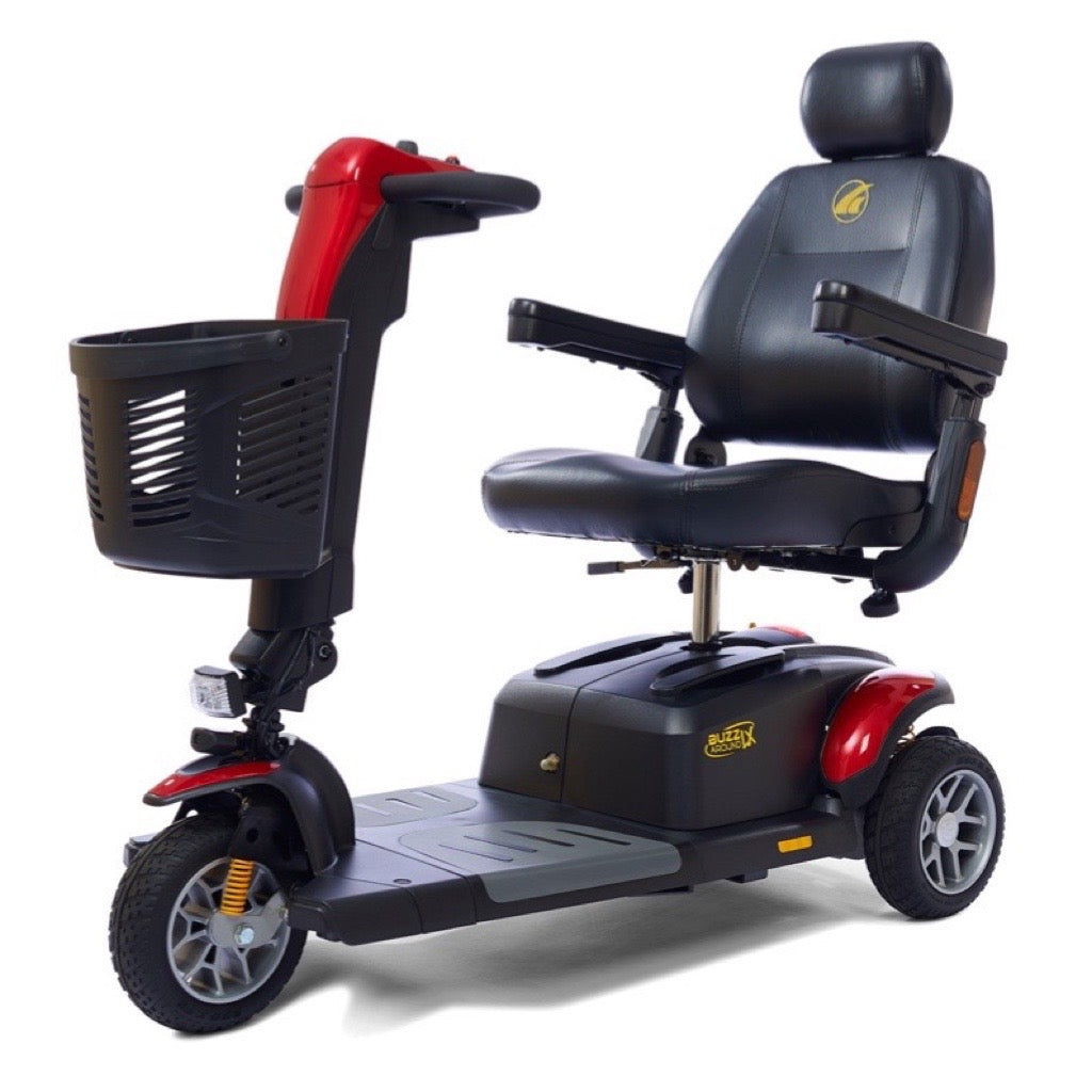 3-wheel mobility scooter in red and black with padded captain's seat, headrest, tiller controls, and front storage basket
