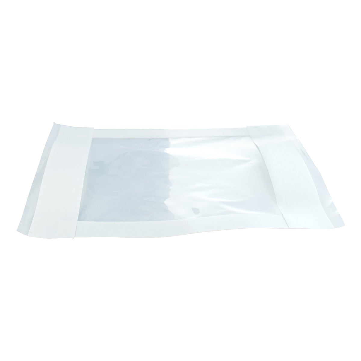 IV site barrier protector flat on white background, clear plastic center panel with white fabric side borders, rectangular