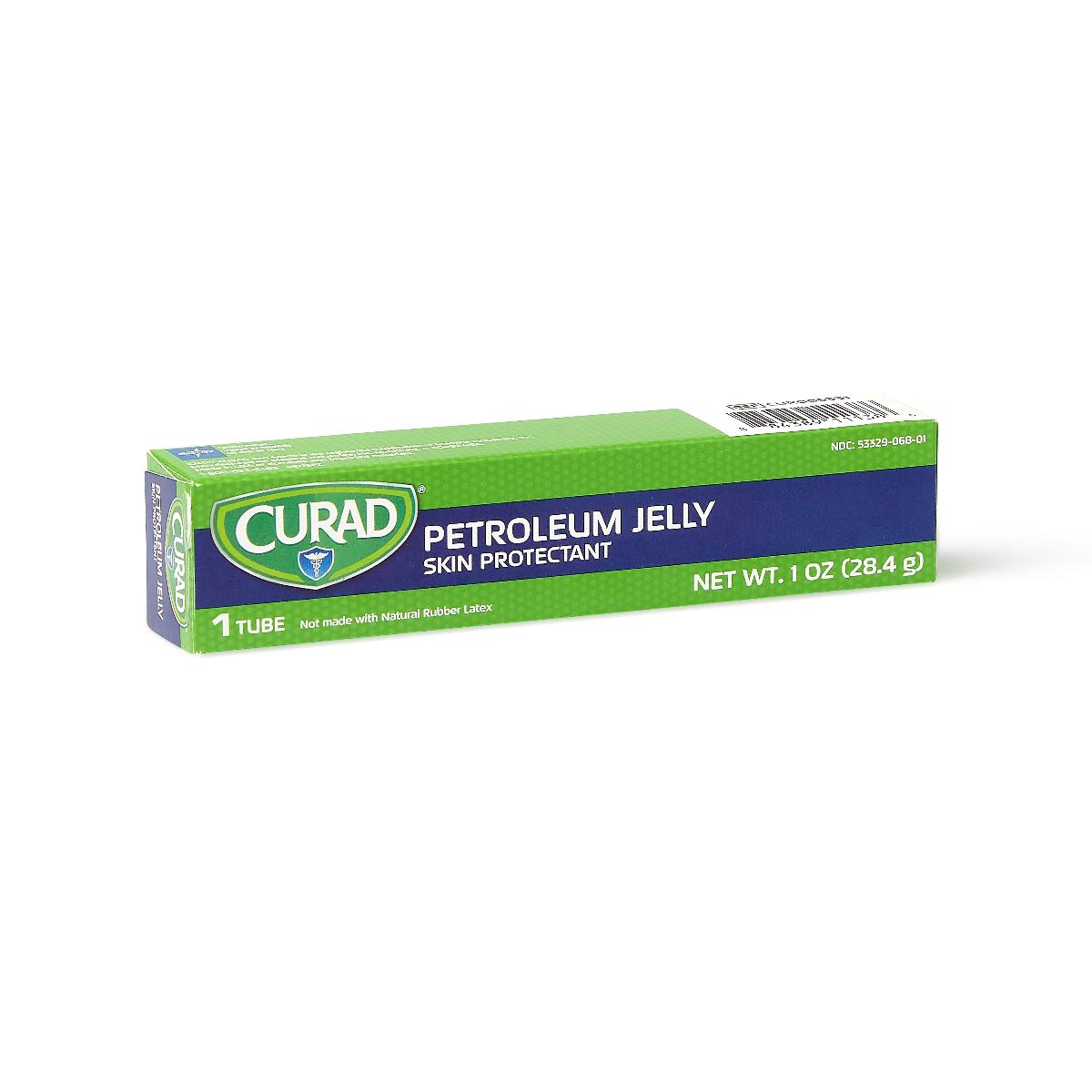 Petroleum jelly skin protectant in a green and blue 1 oz box labeled CURAD, single tube