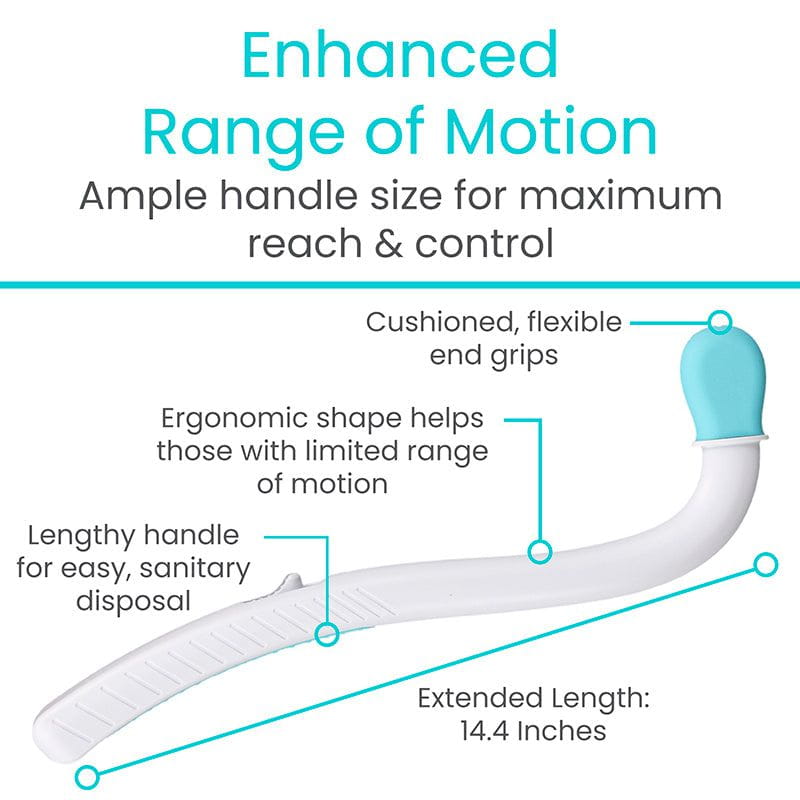 Wiping aid with curved white ergonomic handle, textured grip, and teal cushioned end cap, shown with feature callouts