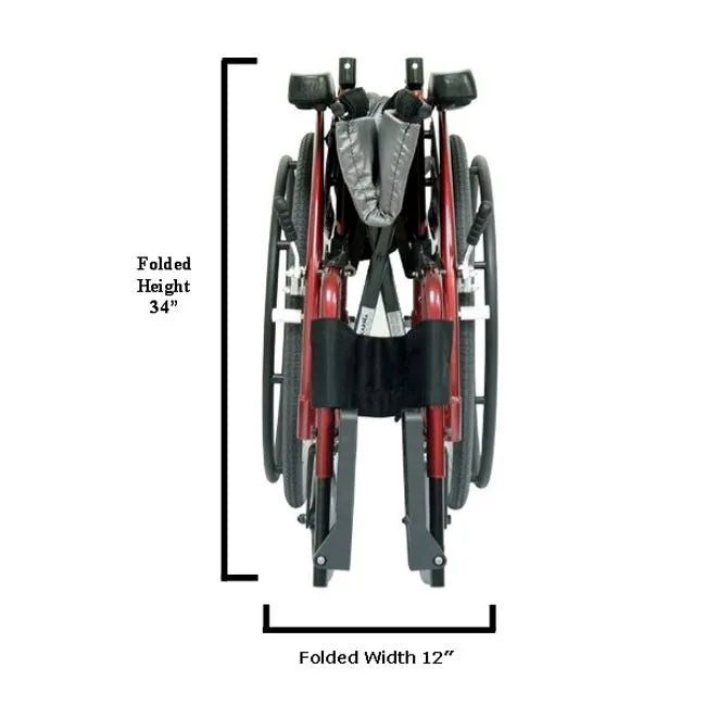 Folded wheelchair with red frame shown from the front, with dimension labels indicating 34" height and 12" width when folded