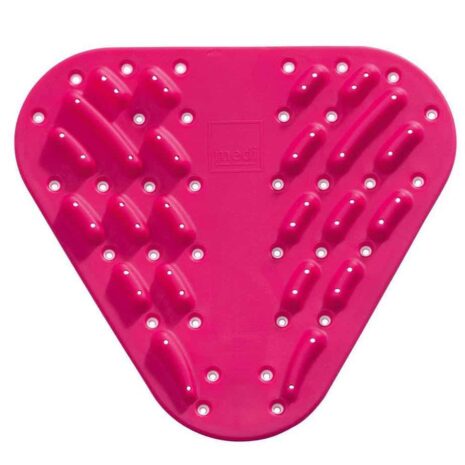 Lumbar support back cushion in pink triangular shape with raised massage nodules and ventilation holes