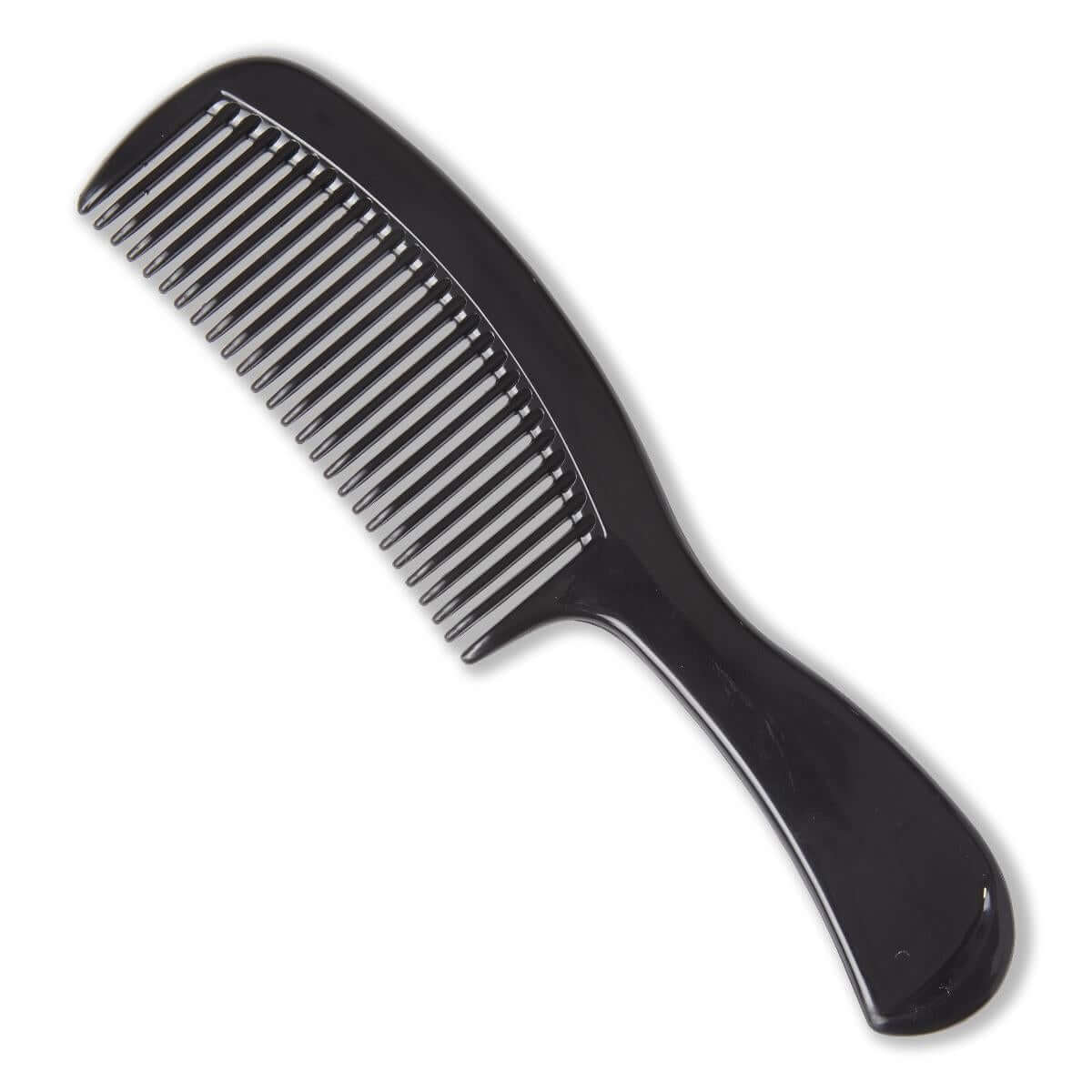 Plastic comb with fine teeth and a rounded handle, black, shown on a white background