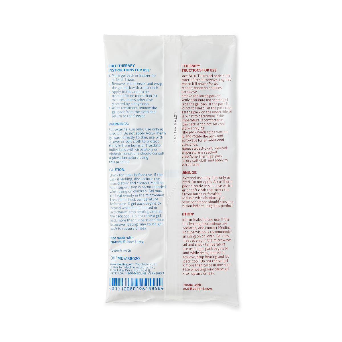Reusable hot and cold gel pack shown from the back displaying cold and heat therapy instructions and warnings