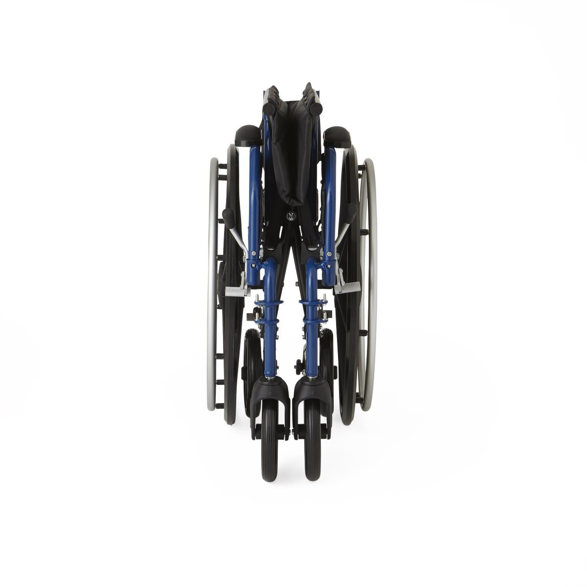 Wheelchair folded flat, front view, showing blue frame, black upholstery, large rear wheels, and small front casters